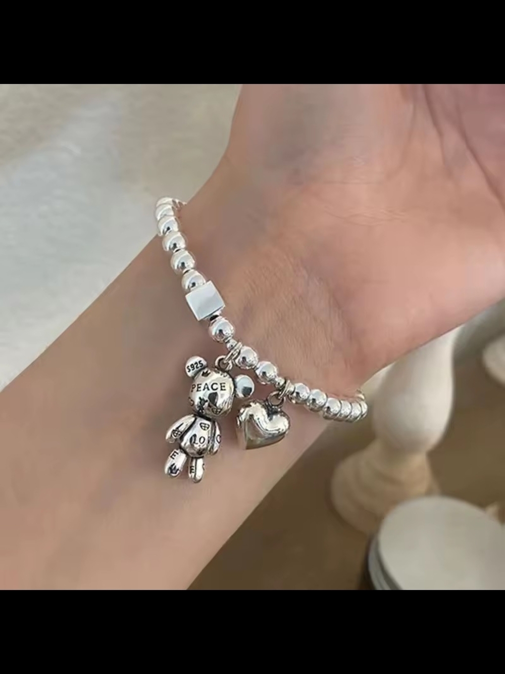 Silver Bead Bracelet with Heart & Teddy Charms - Picture 2 of 6